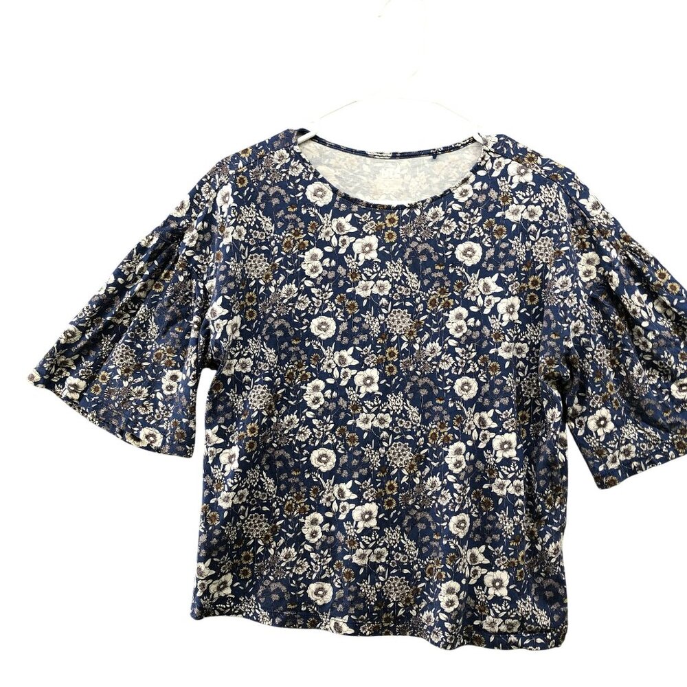 Uniqlo UT Studio Sanderson Floral T Shirt Womens S Blue Ruffle‎ Short Sleeve